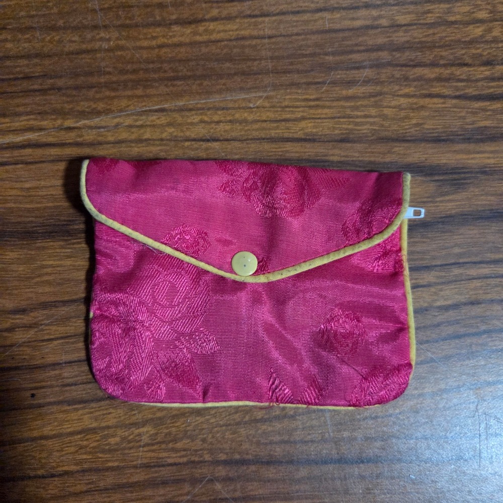 Pink Floral Brocade Jewelry Pouch Vintage Style Zippered Coin Purse Small Bag